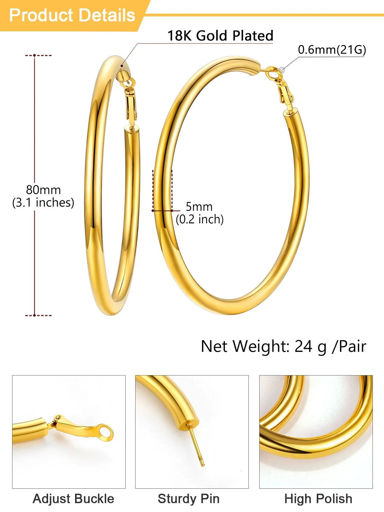 Chunky Hoop Earrings for Women Stainless Steel Jewelry Gold Large Earring 80Mm Birthday Christmas Gift for Daughter Wife