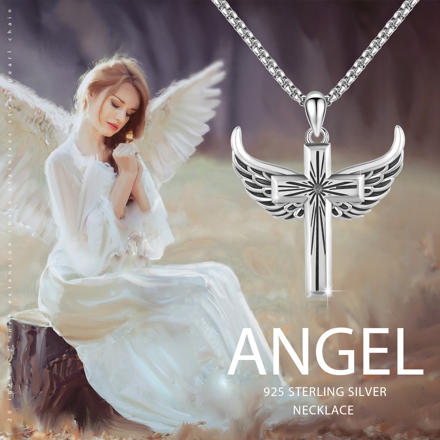 Cross Necklace 925 Sterling Silver Angel Wings Pendant Necklaces Christian Jewelry Birthday Gift for Men Women Boys Daughter Mom Son