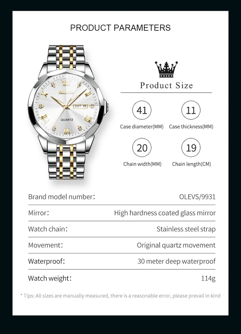 Luxury Silver Watches for Men Gold and Silver Stainless Steel Large Face Men Watch with Day Date Dress Waterproof Classic Diamond Men'S Wrist Watches Fashion Luminous