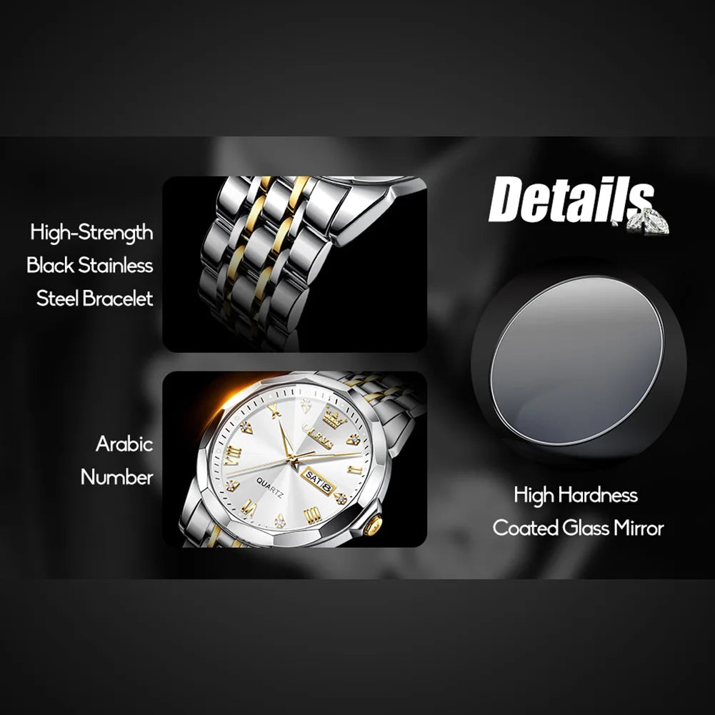 Luxury Silver Watches for Men Gold and Silver Stainless Steel Large Face Men Watch with Day Date Dress Waterproof Classic Diamond Men'S Wrist Watches Fashion Luminous