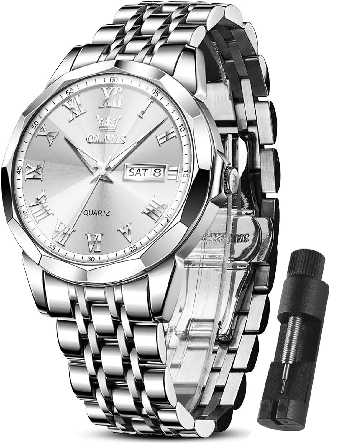 Sliver Mens Watch Large White Face Watch Fashion Stainless Steel Strap Wrist Watches Date Watches for Men Sample Waterproof Watch Easy Read Watches Roman Numerals Watch