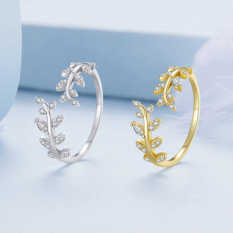 925 Sterling Silver Korean Style Delicate Leaf Open Ring for Women 2 Colors Simple Ring Fine Jewelry Wedding Gift