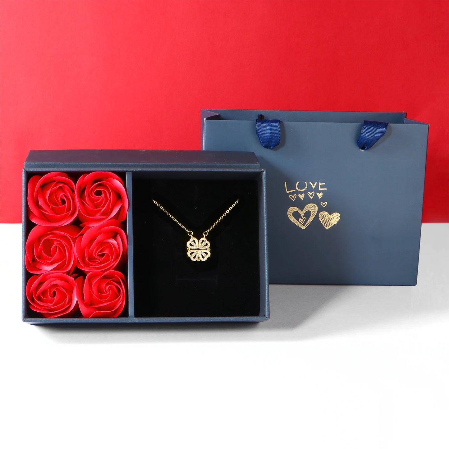 Luxury 6 Rose Box Four Leaf Clover Pendant Necklace for Women Crystal Heart Magnetic Necklaces Mother'S Day Gift