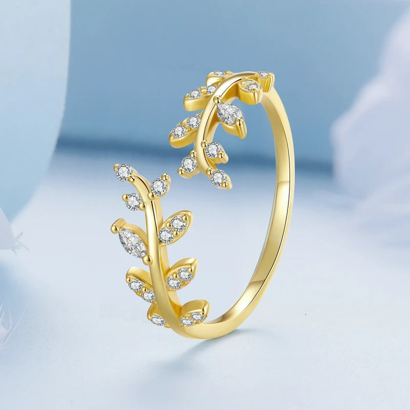 925 Sterling Silver Korean Style Delicate Leaf Open Ring for Women 2 Colors Simple Ring Fine Jewelry Wedding Gift