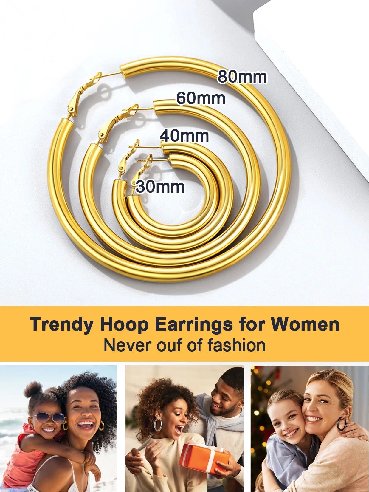 Chunky Hoop Earrings for Women Stainless Steel Jewelry Gold Large Earring 80Mm Birthday Christmas Gift for Daughter Wife