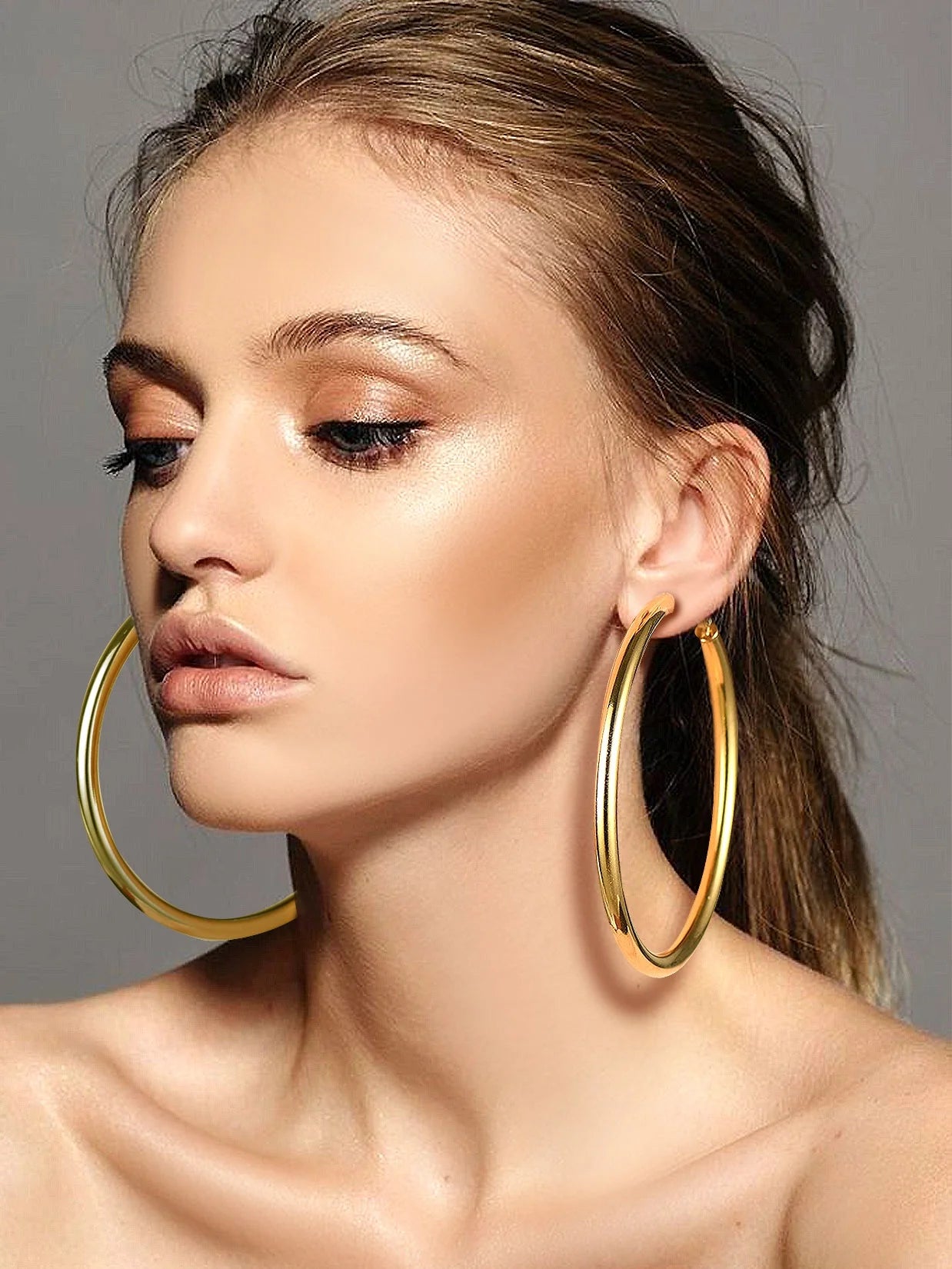 Chunky Hoop Earrings for Women Stainless Steel Jewelry Gold Large Earring 80Mm Birthday Christmas Gift for Daughter Wife